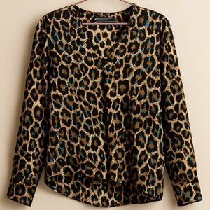 Alice + Trixie Animal Print V-Neck Blouse Black Brown Teal Size Medium